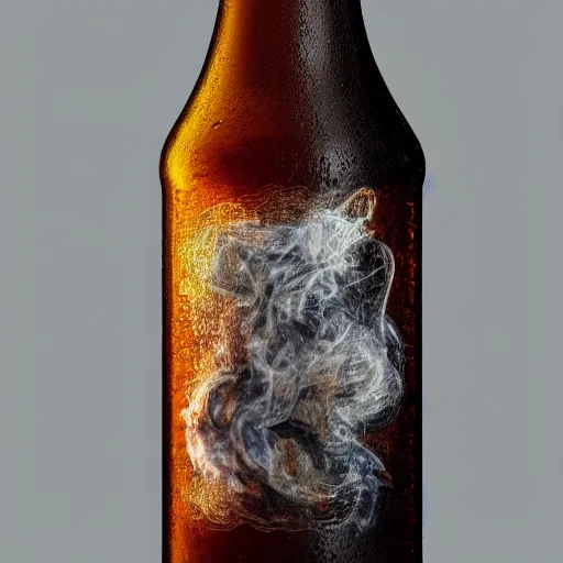 Image similar to photo of beer bottle, ultra realistic, cool smoke, ray tracing, ultra detailed, manly design, 3 5 mm, award winning photography, trending on artstation