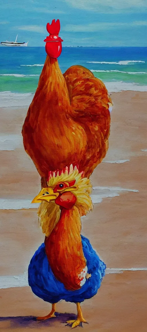 Prompt: beautiful painting of a giant chicken with lips that is eating KFC on the beach