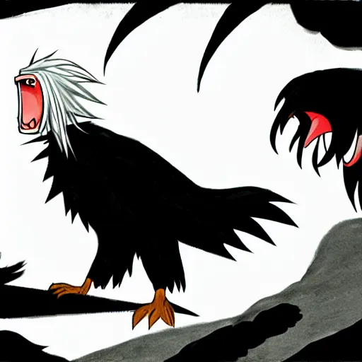 Prompt: a giant black crow screaming at a guy with long white hair, anime, pixiv