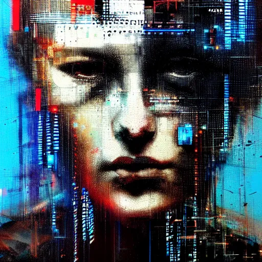 Image similar to hyperrealistic portrait of a cyberpunk character, digital ui, by Guy Denning, Johannes Itten, Russ Mills, glitch art, hacking effects, glitch effects, digitial tech effects, chromatic, color blocking!, oil on canvas, concept art, abstract