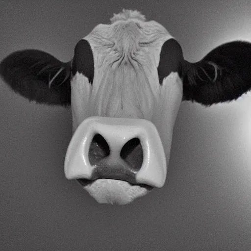 Image similar to ultra - realistic close - up of creepy cow at night, fish - eye - lense, disturbing horror photo, doorbell camera footage