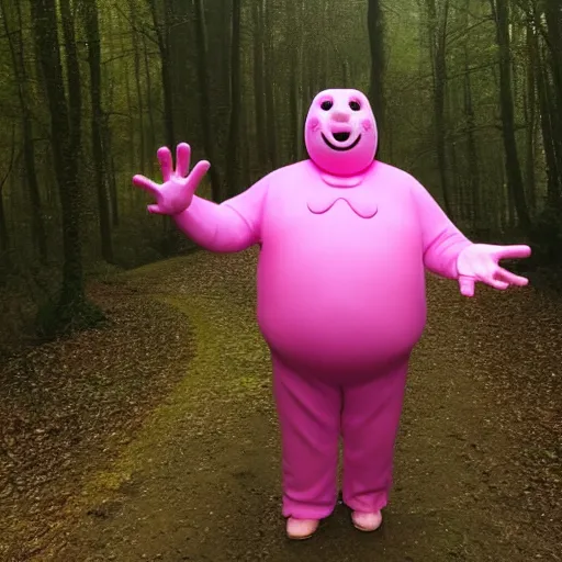 Prompt: photo of Mr Blobby chasing you through the woods