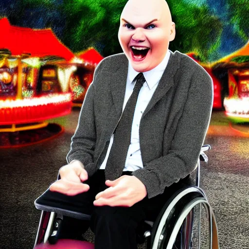 Image similar to billy corgan in an old man's wheelchair in front of an amusement park, laughing, smiling at child's photograph, realistic photo, photoshop, cartoon drawing, hand drawn, digital cartoon, caricature