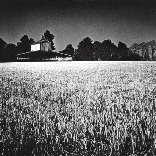 Prompt: uncanny black and white photograph from the 1 9 3 0 s, highly detailed, eerie, fields, barn