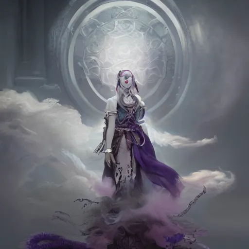 Image similar to picture generation, soft painting curiosities carnival, beautiful battle mage in full long dress, perfect face, accurate features, focus, very intricate ultrafine details, black white purple volumetric clouds, award winning masterpiece, octane render 8 k hd, tom bagshaw artstyle