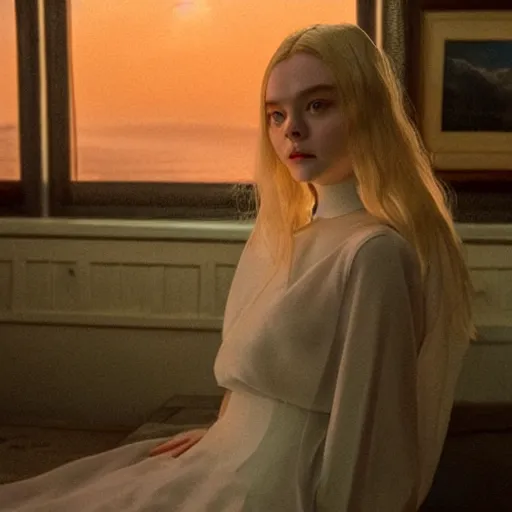 Prompt: Elle Fanning in Santorini in the world of Adam Wyeth, head and shoulders, stormy weather, extremely detailed masterpiece, oil on canvas, low-key neon lighting, artstation, Blade Runner 2049, Roger Deakin’s cinematography, by J. C. Leyendecker and Peter Paul Rubens and Edward Hopper and Michael Sowa,