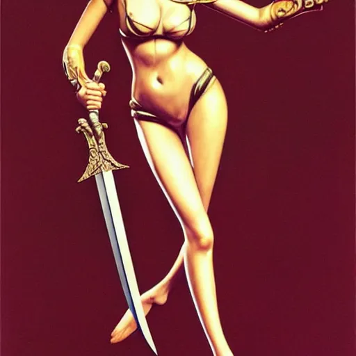 Image similar to barbara palvin supermodel posing as an amazon holding a sword, volcanic background, art by peter lloyd, 1 9 8 0's art, retro art, airbrush style, art by hajime sorayama,, intricate, elegant, sharp focus, illustration, highly detailed, concept art, matte, sharp focus, art by peter palombi, charles e. white