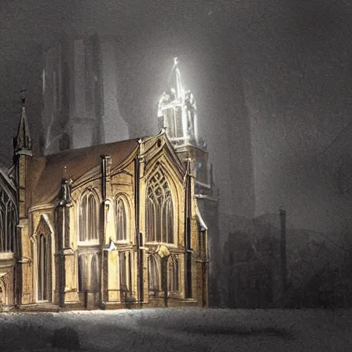 Image similar to victorian church in the middle of the city, dark, misty, at night, 8 k, detailed, concept art, trending on artstation