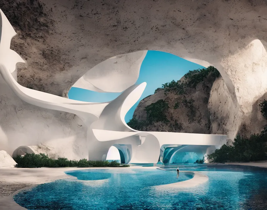 Prompt: desert, white minimalist architecture, stone grotto in the center, portal. zaha hadid, oscar niemeyer, architectural rendering. trending on artstation. vogue magazine. halo. octane rendering, cinematic, hyperrealism, bokeh. iridescent accents. teal gold and blue color scheme