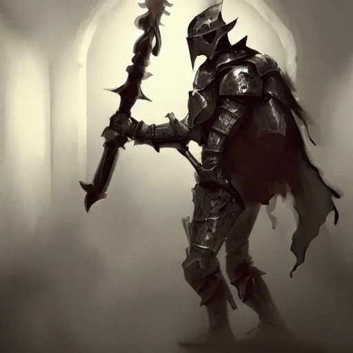 Prompt: Brave knight brandishing a weapon in a dark hallway surrounded by skeletons; fantasy cover, trending on artstation