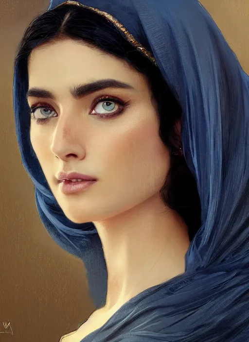 Image similar to a Photorealistic dramatic hyperrealistic render of an arab ameera al taweel, blue eyes, black hair, white veil,by WLOP,Artgerm,Greg Rutkowski,Alphonse Mucha, Beautiful dynamic dramatic dark moody lighting,shadows,cinematic atmosphere,Artstation,concept design art,Octane render,8K