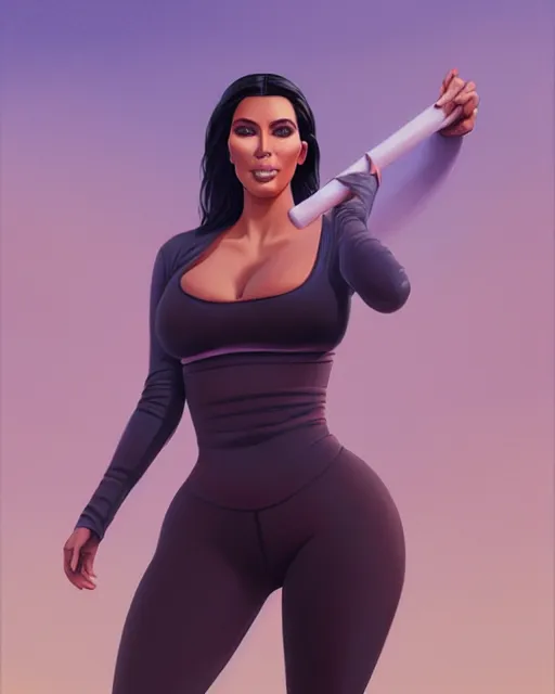 Image similar to highly detailed vfx portrait of, kim kardashian in leggings by stephen bliss, chalk, unrealengine, greg rutkowski, loish, rhads, beeple, chalk, makoto shinkai and lois van baarle, ilya kuvshinov, rossdraws, tom bagshaw, basil gogos