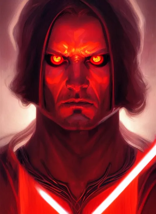 Image similar to symmetry!! Night!! portrait of a man, long hair, glowing red eyes!! Sith, evil! muscular, robes! intricate, elegant, highly detailed, digital painting, artstation, concept art, smooth, sharp focus, illustration, art by artgerm and greg rutkowski and alphonse mucha