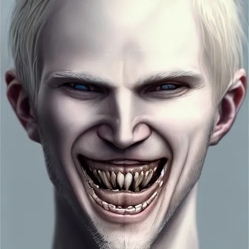 Image similar to Pale-skinned man with a pinched face, crazed eyes, and a strained toothy grin smile. He has short blond unwashed hair. He wears a stained white cultist robe. Epic fantasy art, award winning on Artstation, intricate, elegant, highly detailed, digital painting, concept art, smooth, sharp focus, illustration, art by artgerm and greg rutkowski and alphonse mucha