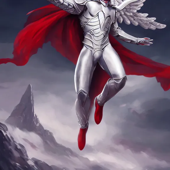 Image similar to cinematic full body shot of a male angel flying, white metallic armor, red cape, elegant pose, detailed arms, detailed white armor, two arms, two legs, detailed fanart, rpg art, d&d art, macro art, digital art, DeviantArt, artstation, 8k HD