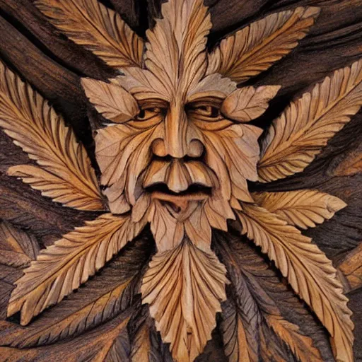 Image similar to deeply carved and stained, highly detailed wood carving depicting the face of the marijuana green man, as if made of obvious cannabis fan leaves, resting in a bed of real cannabis leaves