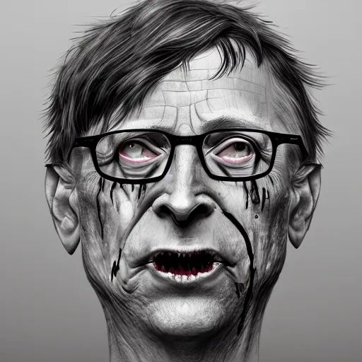 Image similar to a zombie Bill Gates, by WLOP, horror, wounds, bloody, dark fantasy, trending on artstation