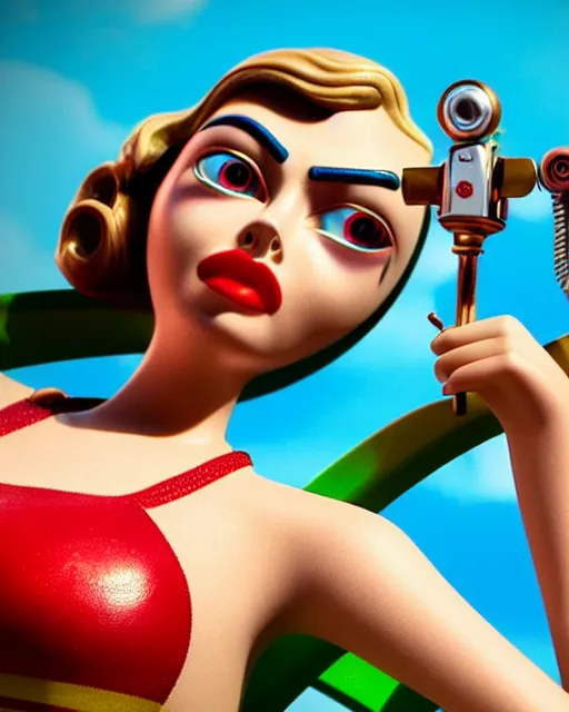 Image similar to highly detailed closeup, face profile portrait of a tin toy retro 1 9 5 0 s cara delevingne, bikini, unreal engine, max fleischer, global illumination, detailed and intricate environment