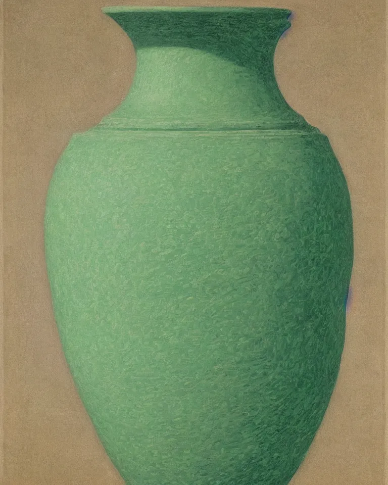 Prompt: achingly beautiful print of intricately painted ancient greek amphora on pastel green background by rene magritte, monet, and picasso.