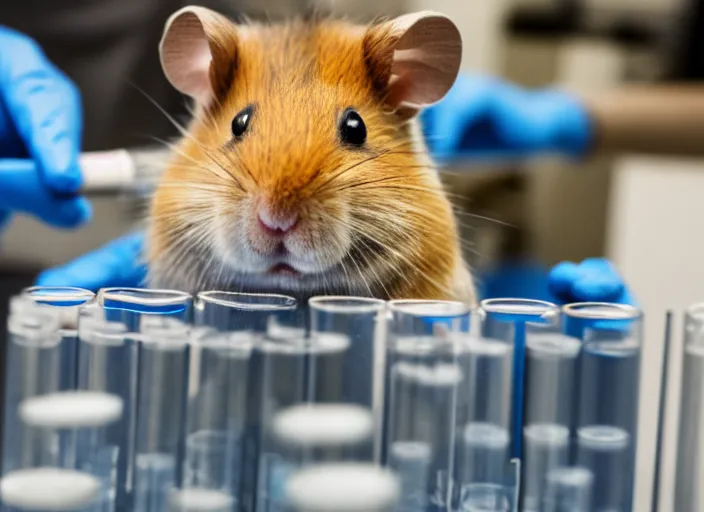 Image similar to film still of a hamster working in a research lab filling test tubes, 8 k