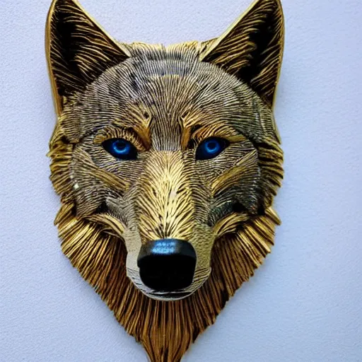 Image similar to gorgeous wolf statue portrait with gold filigree