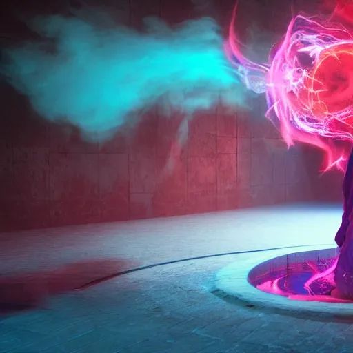 Image similar to an ancient sorceress emerging from a deep red glowing swirling pool glowing with whisps of smoke , octane render, UHD