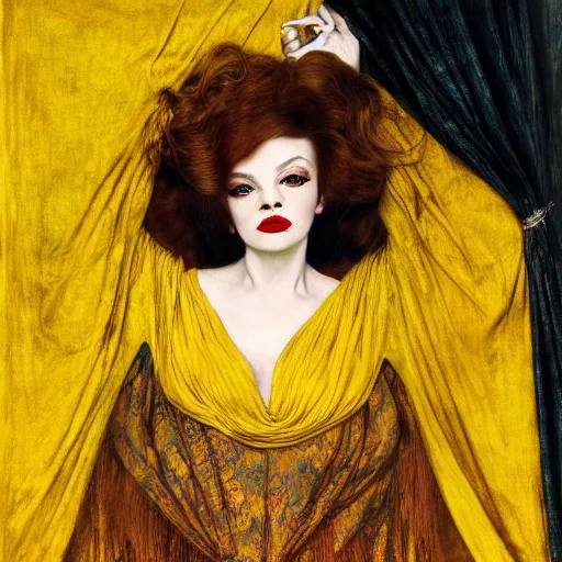 Image similar to portrait of a hybrid of judy garland and lady gaga, brown fringe, large full hollywood lips, large downslanted eyes, reclining cool stylish, yellow ochre ornate medieval dress, john william waterhouse, kilian eng, rosetti, john everett millais, william holman hunt, william morris, 4 k