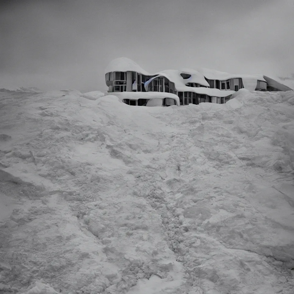 Prompt: a road leading to a mid-century modern house with large windows on top of a cliff in the arctic, covered with snow, designed by Frank Gehry. Big tiles. Film grain, cinematic, yellow hue