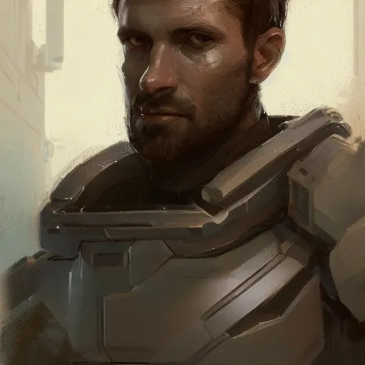 Prompt: Portrait of a man by Greg Rutkowski, he is about 30 years old, Nordic and Hebrew factions, messy brown short hair, strong, tired expression, father figure image, he is wearing a futuristic space gear, highly detailed portrait, scifi, digital painting, artstation, concept art, smooth, sharp foccus ilustration, Artstation HQ.