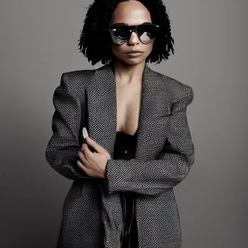 Prompt: Fully-clothed full-body close-up portrait of Zoë Kravitz wearing sun glasses, XF IQ4, 50mm, F1.4, studio lighting, professional, 8K