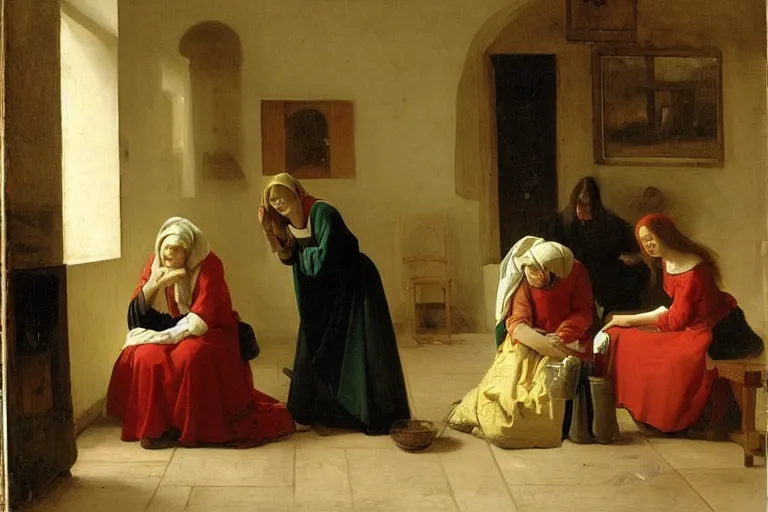 Prompt: 3 women mourning, pieter de hooch, ary scheffer