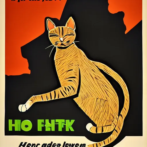 Image similar to propaganda poster with a cat as the centerpiece