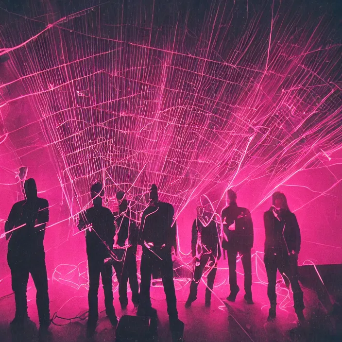 Image similar to concert stage, smoke machine, neon pink light, light beams, sparks, synthesizers and other instruments, dark silhouettes of band, wide view, 1 9 9 0 s album cover, superimposed images of woodwork tools, grainy