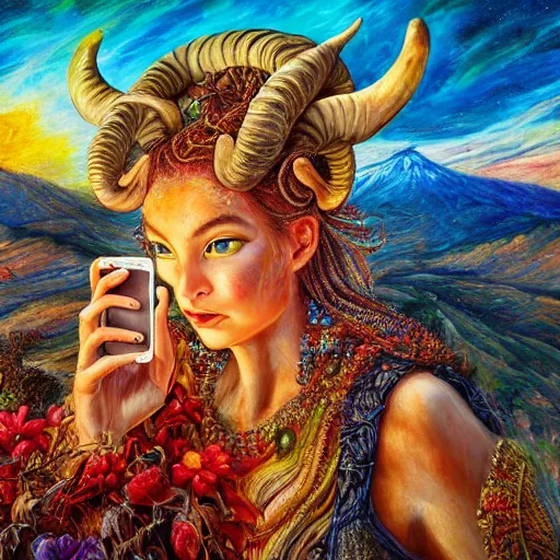 Image similar to painting by senior concept artist josephine wall, horned ram goddess checking her cell phone, erupting volcano and sunset in distance, flowers in foreground, zodiac, fantasy, acrylic on canvas, intricately detailed, highly detailed, high resolution, hdr, 8 k, trending on artstation