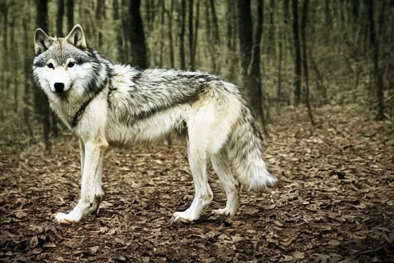 Prompt: hybrid consisting of a human and wolf, mostly wolf, photograph captured in the woods