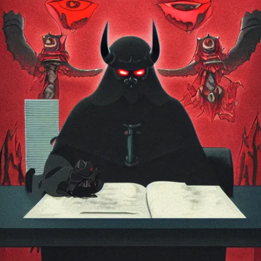 Prompt: dark lord sitting at desk, 3 / 4 view, portrait, ghibli, red demon cyberpunk symbols