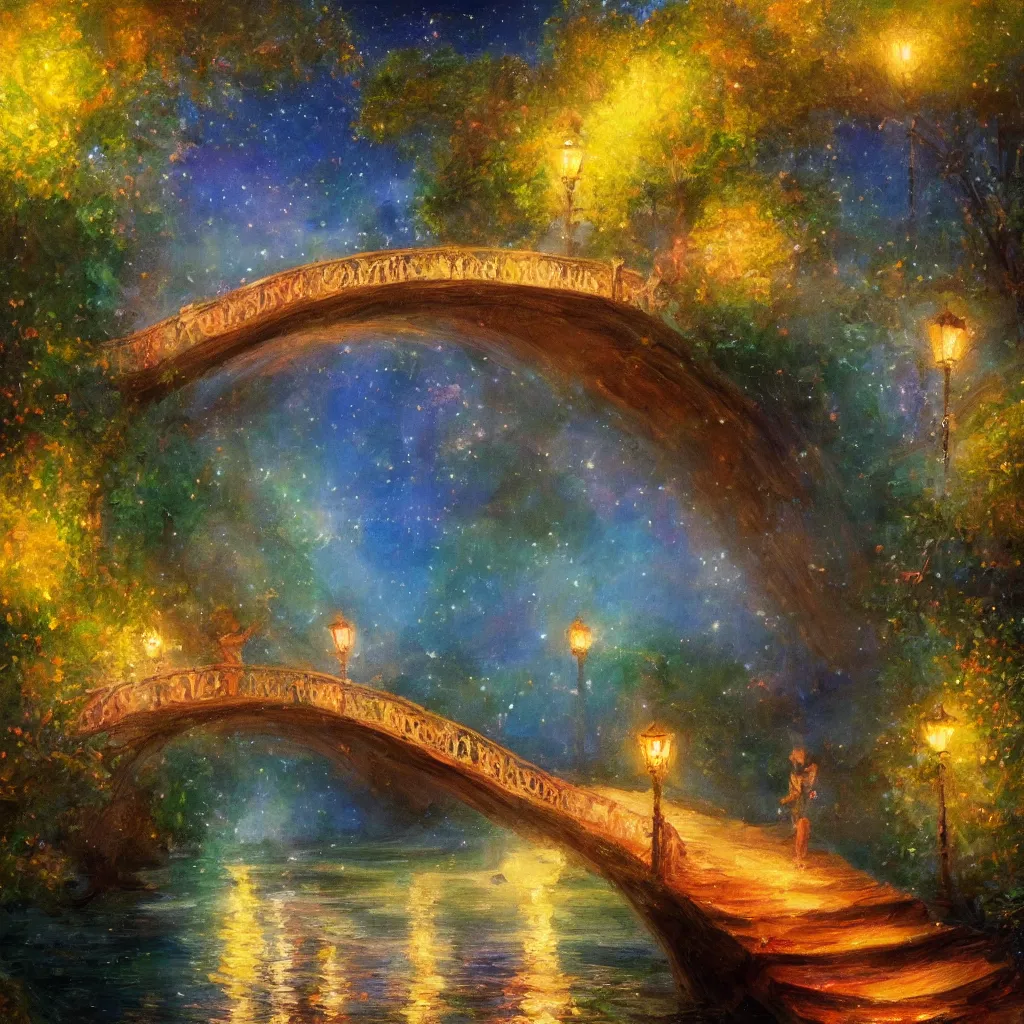 Image similar to fairyland bridge, outside of time and space, dreamy, romantic, night lighting, expressive impressionist style, highly detailed, 8 k