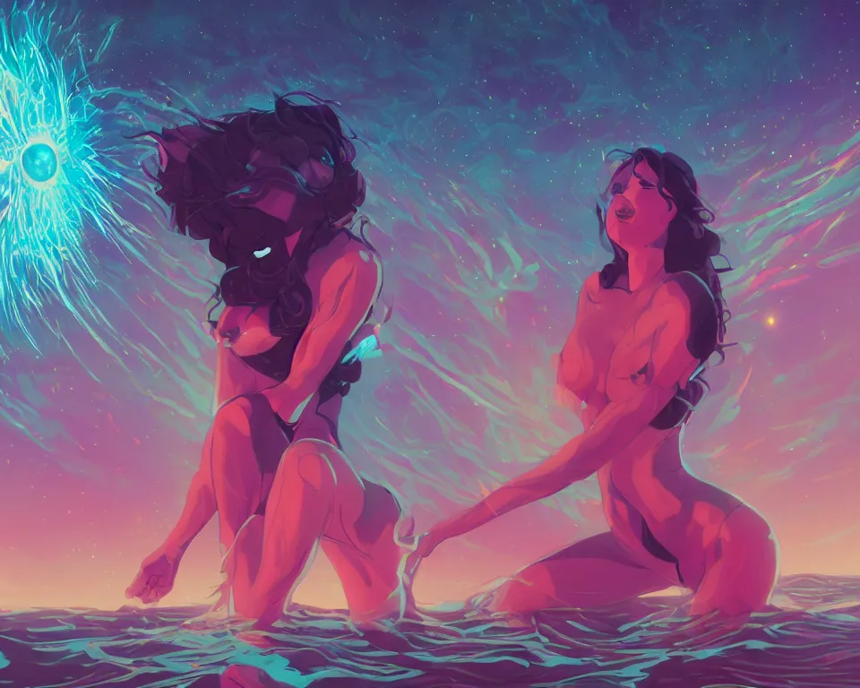 Image similar to beautiful determined goddess standing in a lake basking in the moonlight, conjuring a demon, underneath a multi-colored binary blackhole with an accretion disc, glowing trails following her arms, wearing professional makeup, synthwave, by Lois van Baarle, by Greg Rutkowski, by artgerm, by beeple, by studio ghibli, cinematic angle, volumetric lighting, 4k resolution, octane render, trending on artstation, masterpiece