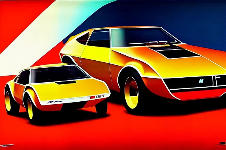 Image similar to designed by syd mead stylized poster of a single 1 9 6 9 amc amx / 3 citroen ds bmw m 1 concept, thick neon lights, ektachrome photograph, volumetric lighting, f 8 aperture, cinematic eastman 5 3 8 4 film