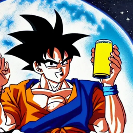 Image similar to goku drinking beer in space