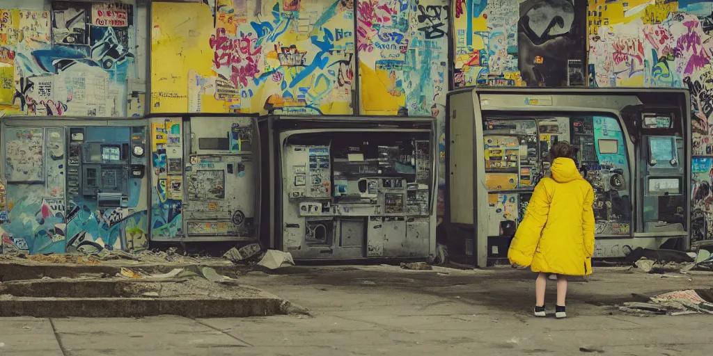 Image similar to backlit distant shot of girl in a parka running from a giant robot invasion side view, yellow parasol in deserted dusty shinjuku junk town, incredible wide screenshot, ultrawide, simple watercolor, rough paper texture, ghost in the shell movie scene, broken vending machines, bold graphic graffiti, old pawn shop, bright sun bleached ground, mud, fog, dust, windy, scary robot monster lurks in the background, ghost mask, teeth, animatronic, black smoke, pale beige sky, junk tv, texture, brown mud, dust, tangled overhead wires, telephone pole, dusty, dry, pencil marks, genius party, shinjuku, koji morimoto, katsuya terada, masamune shirow, tatsuyuki tanaka hd, 4k, remaster, dynamic camera angle, deep 3 point perspective, fish eye, dynamic scene