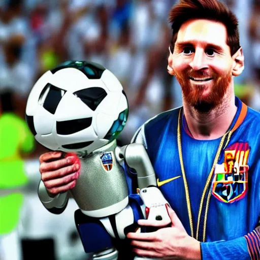 Prompt: messi as a robot holding the fifa world cup 4k, picture, HD