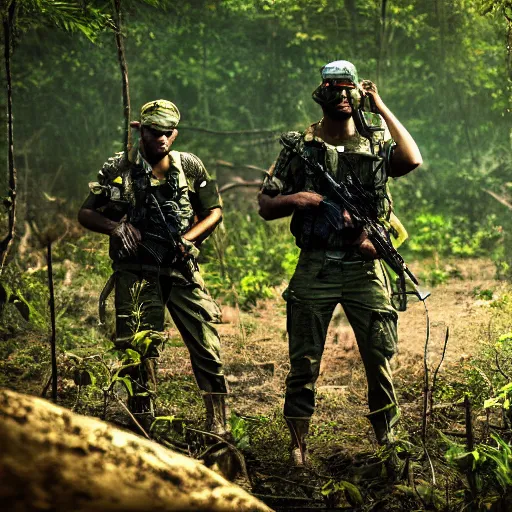 Image similar to commandos patrolling jungle, cinematic, HDR