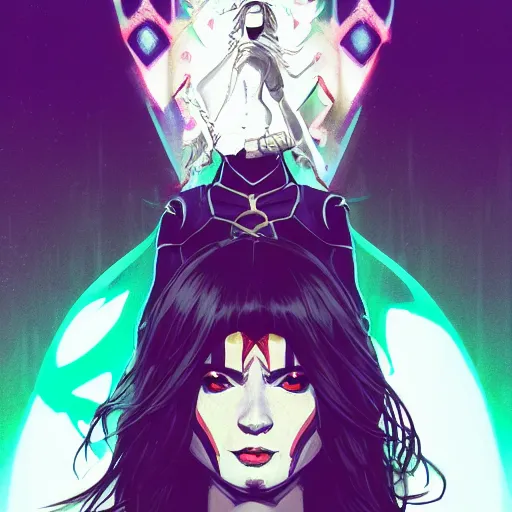 Image similar to fantasy paladin woman, symmetrical portrait, bioluminescent, sachin teng, yoji shinkawa, Mary Blair, Duncan Fegredo, mike mignola, 8k