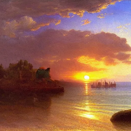 Prompt: sunset over a wooden cabin on the coast in the distance, sea, oil painting, very detailed, colorful, cinematic lighting, albert bierstadt