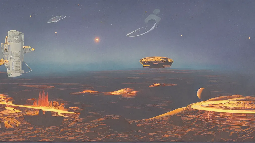 Image similar to artwork in the style of chesley bonestell and in the style of martin wong.