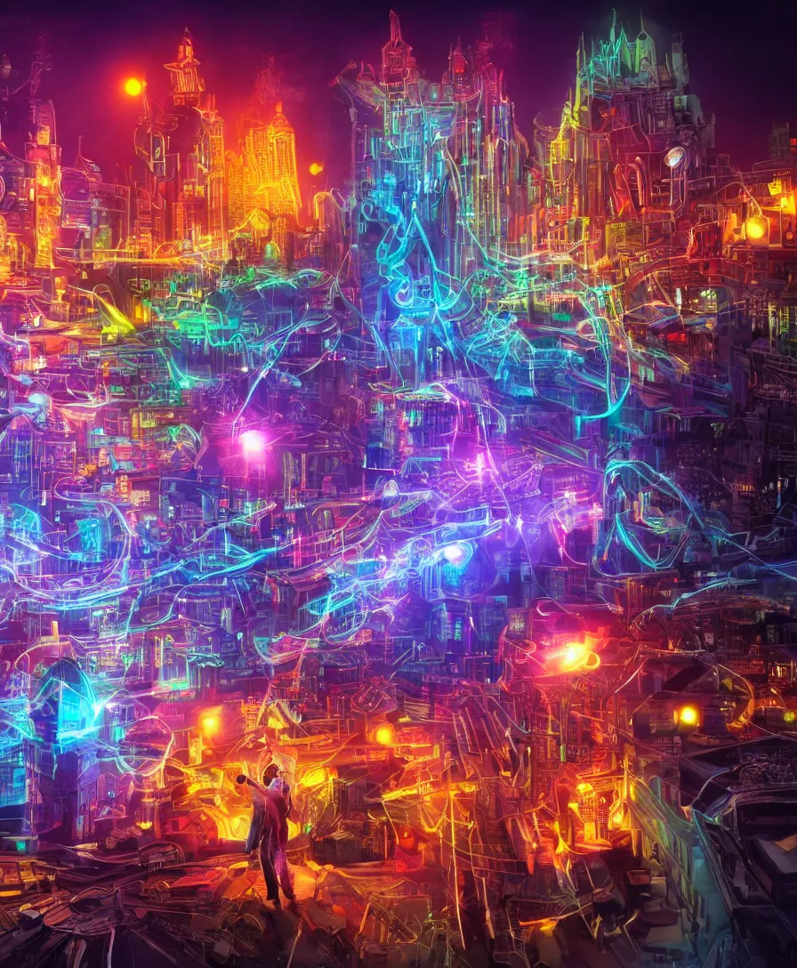 Prompt: an hd art of man performing magic in future colourful glowing city, highly detailed