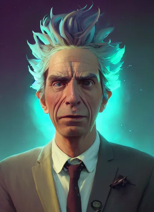 Image similar to highly detailed surreal vfx portrait of a rick sanchez, stephen bliss, unreal engine, greg rutkowski, loish, rhads, beeple, makoto shinkai and lois van baarle, ilya kuvshinov, rossdraws, tom bagshaw, alphonse mucha, global illumination, detailed and intricate environment