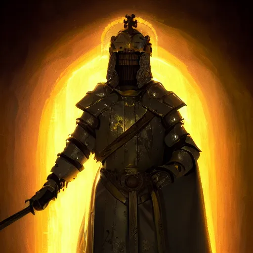 Image similar to A fancy portrait of a yellow glowing medieval Holy Knight by Greg Rutkowski, Sung Choi, Mitchell Mohrhauser, Maciej Kuciara, Johnson Ting, Maxim Verehin, loish, 4k photorealistic, volumetric lighting, HD, high details, dramatic, trending on artstation