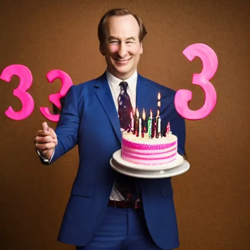 Prompt: bob odenkirk, grinning, pink suit, holding a birthday cake, candles in the shape of the number 3 7, studio photograph, cinematic lighting